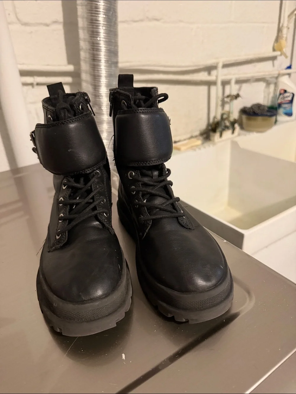 Black Leather Combat Boots for Women - Fashion Lug Sole Zara kids
